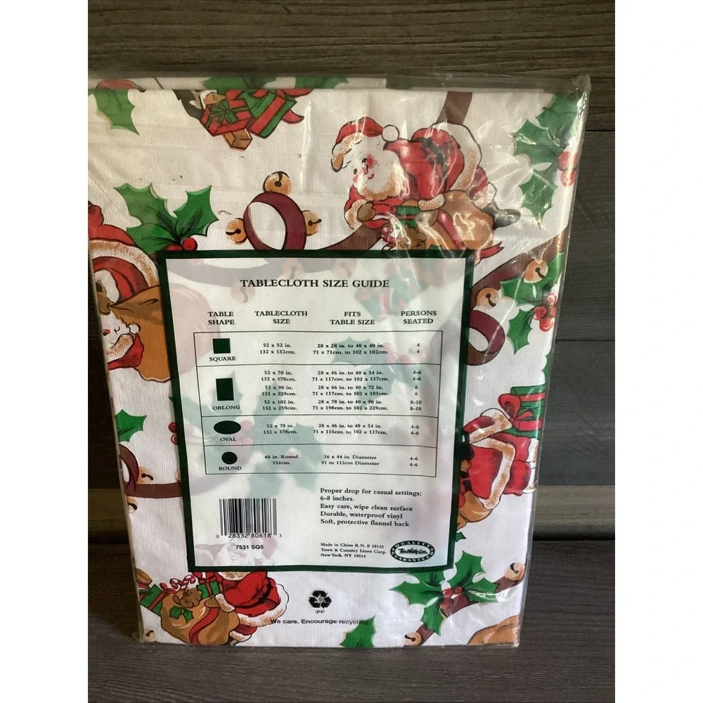 Holiday Classics Santa Christmas Flannel Back Vinyl Tablecloth 52 x 52 Vintage